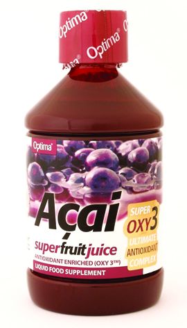 Zumo de Açai con OXY3. 500 mL. Cada dosis de 20 mL aporta 10.190 mg de zumo de <i>Euterpe olearacea</i> Mart equivalen a 89 mg. ) y 9213 mg de OXY3 (zumo de uva, licopeno, resveratrol).