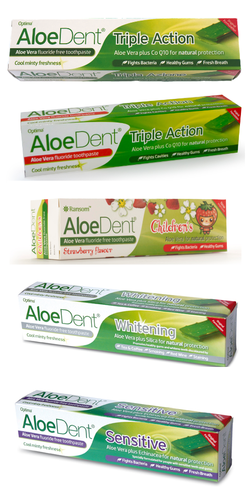 AloeDent. Gama de dentríficos con Aloe Vera. Presentaciones: - Dentrífico aloe vera original 