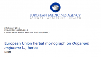 Final European Union herbal monograph on <i>Origanum majorana</i> L., herba. London: EMA. Doc. Ref.: EMA/HMPC/166517/2015. Adopted: 20 September 2016.