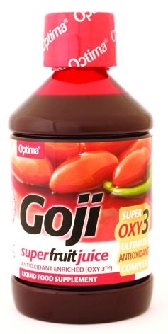 Zumo de Goji con OXY3. 500 mL. Cada dosis de 20 mL contiene 10.675 mg. de zumo de Goji (<i>Lycium barbarum</i>), OXY3 (zumo de negra concentrada, licopeno y resveratrol de <i>Vitis vinifera</i>, 8743 mg.