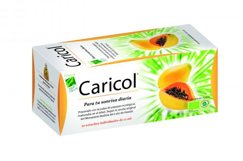 Caricol. Caja con 20 dosis individuales. Puré concentrado de papaya orgánica (20 g), zumo concentrado de manzana. Complemento alimenticio. CN: 300488.6.