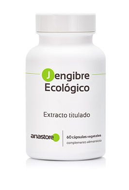 Jengibre ecológico. Cada dos cápsulas contienen: 750 mg de extracto seco de rizoma de jengibre (procedente de la agricultura ecológica) (<i>Zingiber officinale</i> Roscoe) titulado al 1,5% en gingeroles y sogaoles (es decir, 11,25 mg). Otros ingredientes: Cápsula vegetal: hidroxipropilmetilcelulosa. Envase con 60 cápsulas. Complemento alimenticio.