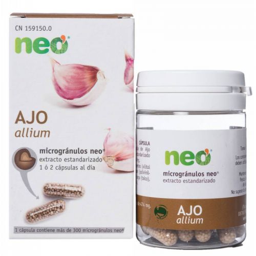 Ajo Neo. Cada cápsula contiene 100 mg de extracto seco de ajo (<i>Allium sativum</i> L.) estandarizado al 1,3% en alicina. 45 cápsulas, CN: 159150.0. Complemento alimenticio. 