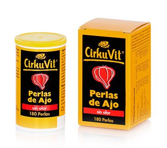 Roha Cirkuvit Perlas de Ajo. Cada perla contiene 66 mg de polvo de ajo (<i>Allium sativum</i>). Frasco con 180 perlas gastrorresistentes. CN: 339887.9.