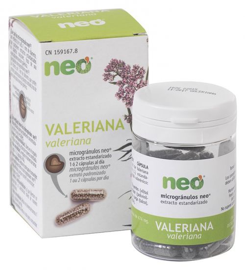 Valeriana Neo. Cada cápsula contiene 200 mg de extracto seco de raíz de valeriana (<i>Valeriana officinalis</i> L.) estandarizado al 0,3% en ácido valerénico. 45 cápsulas, CN: 159167.8. Complemento alimenticio. 