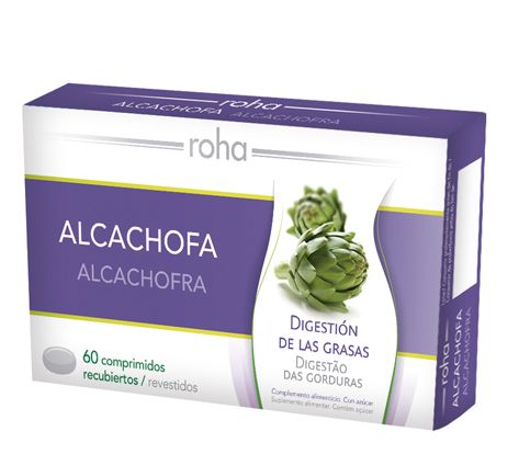 Roha Alcachofa. Extracto de Alcachofa (<i>Cynara scolymus</i>) 400 mg/comprimido (equivalente a 1.200-2.400 mg de planta seca). Preparado alimenticio. Envase con 60 comprimidos, CN: 150460.9.