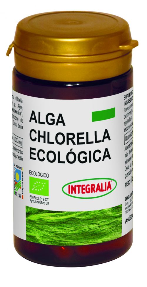 Alga Chlorella Ecológica. 6 cápsulas aportan  3000 mg de clorela ecológica. Bote con 60 cápsulas. Complemento alimenticio.
