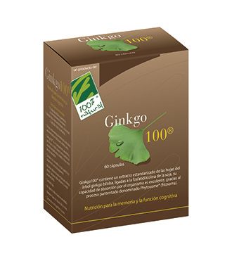Ginkgo 100. Caja con 60 cápsulas en blíster. Cada cápsula contiene: Fitosoma de <i>Ginkgo biloba</i> (GinkgoSelect), del cual  80 mg de extracto de <i>Ginkgo biloba</i> estandarizado a: 5,6 mg ginkgoflavonoglicósidos, 4 mg ginkgoterpenos, 0,64 mg gilobálidos y 0,84 mg ginkgólidos; fosfolípidos de girasol 41,9 mg. Complemento alimenticio. CN: 164484.8.
