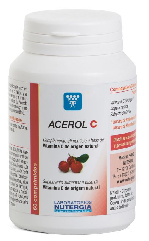 Acerol C. Bote de 60 cápsulas. Cada comprimido aporta 120 mg de vitamina C natural (proviene de la acerola) y 2 mg de citroflavonoides, sorbitol, aroma de naranja, estearato de magnesio, extracto de limón. Complemento alimenticio.