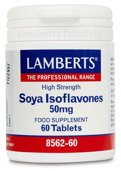 Isoflavonas de Soja 50 mg. Envase con 60 tabletas. Cada tableta aporta 250 mg de extracto 200:1 de semilla de soja, proporcionando 50 mg de isoflavonas. Complemento alimenticio.