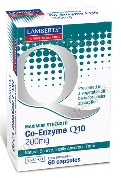 Co-Enzima Q10 200 mg. Envase con 60 cápsulas blandas. Cada cápsula aporta 200 mg de Co-Enzima Q10 (Ubiquinona). Complemento alimenticio.