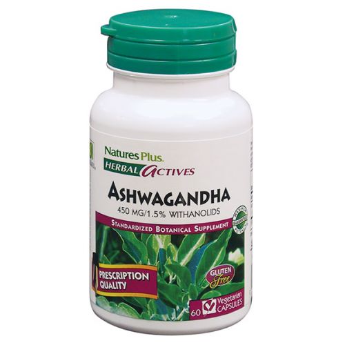 Ashwagandha (<i>Withania somnífera</i>, raiz). 60 cápsulas. Ingredientes: Extracto de Ashvagandha (<i>Withania somnífera</i>) raíz (valorado al 1,5% [6,75 mg] de witanólidos). Complemento alimenticio. 