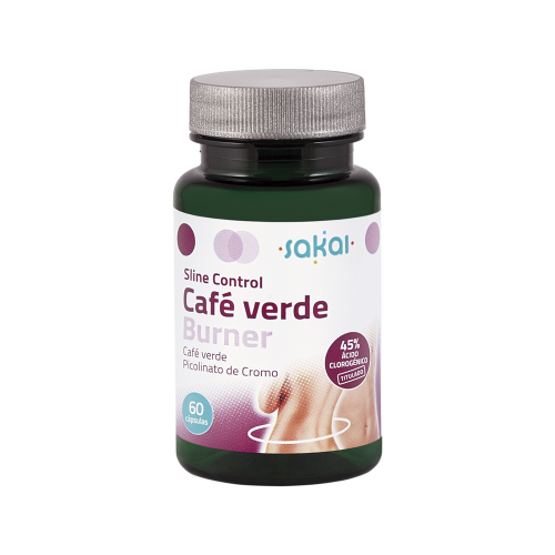 Sline Control Café Verde Burner. Frasco 60 cápsulas. 2 cápsulas contienen 400 mg de E.S. de café verde (<i>Coffea</i> sp.) titulado al 45% en ácido clorogénico, 0,33 mg picolinato de cromo. Aporte en ácido clorogénico: 180 mg y aporte en cromo: 40 µg (100% VRN). Contenido máximo en cafeína: 40 mg.