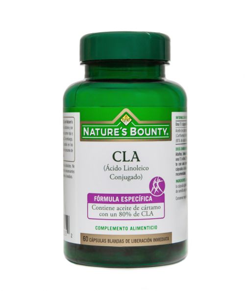 Nature's Bounty CLA (Ácido Linoleico Conjugado). 60 cápsulas blandas. Una (cápsula aporta 1500 mg de aceite de cártamo (<i>Carthamus tinctorius</i>, 80% de ácido linoleico conjugado). Cubierta de la cápsula (gelatina (bovina), glicerina (aceite de semilla de palma), colorante (caramelo)).. Complemento alimenticio.