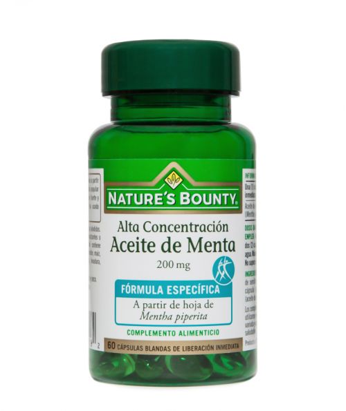 Nature's Bounty Aceite de Menta Alta concentración. 60 cápsulas blandas de liberación inmediata. Cada cápsula contiene 200 mg de aceite de menta (<i>Mentha piperita</i>). Complemento alimenticio.