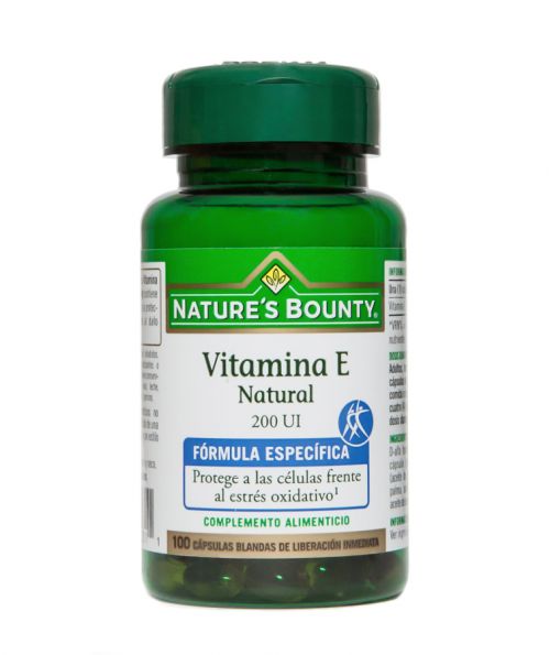 Nature's Bounty Vitamina E Natural. 100 cápsulas blandas de lineraciónm inmediata. Cada cápsula aporta 134 mg de vitamina E (como acetato de D-alfa tocoferilo, procedente de soja), cubierta de la cápsula (gelatina bovina), glicerina (aceite de palma, aceite de semilla de palma, aceite de coco, aceite de colza, aceite de semilla de girasol), aceite de soja. Complemento alimenticio.