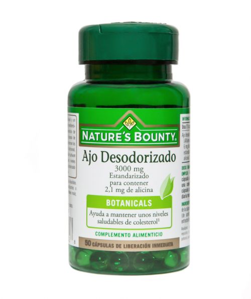 Nature's Bounty Ajo desodorizado. 50 cápsulas deliberación inmediata. Cada cápsula aporta 5 mg de extracto 500:1 de bulbo de ajo (<i>Allium sativum</i>, estandarizado al 35% de alicina, aceite de girasol, cubierta de la cápsula (gelatina (bovina), glicerina (de aceite de semilla de palma). Complemento alimenticio.