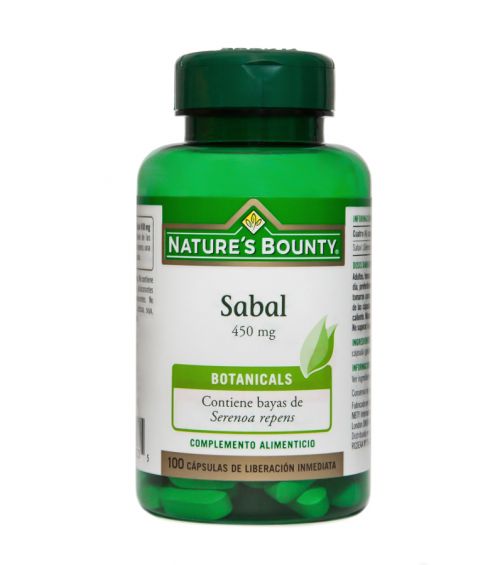 Nature's Bounty Sabal. 100 cápsulas de liberación inmediata. Cuatro cápsulas aportan 1.800 mg de fruto de sabal (<i>Serenoa repens</i>). Cubierta de la cápsula (gelatina bovina). Complemento alimenticio.