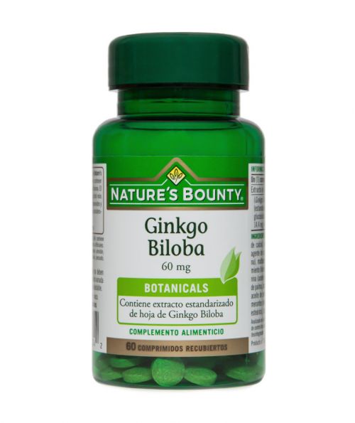Nature's Bounty Ginkgo biloba. 60 comprimidos recubiertos. Cada comprimido aporta 60 mg de extracto de hoja de ginkgo estandarizado al 24% de glucósidos de ginkgoflavona y 6% de terpenos. Complemento alimenticio.