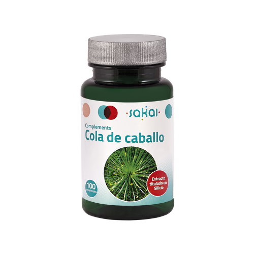 Cola Caballo Complements. Frasco 100 comprimidos. 2/3/4 comprimidos contienen 300/450/600 mg de polvo de tallos estériles de Cola de caballo (<i>Equisetum arvense</i>), 200/300/400 mg de E.S. de cola caballo titulado al 1% en silicio. Aporte en silicio: 2/3/4mg