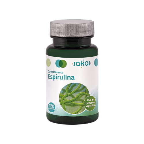 Espirulina Complements. Frasco 120 comprimidos. 6 comprimidos contienen 2.400 mg de Alga espirulina (<i>Spirulina platensis</i>). Aporte en proteína vegetal: 1.200 mg. 