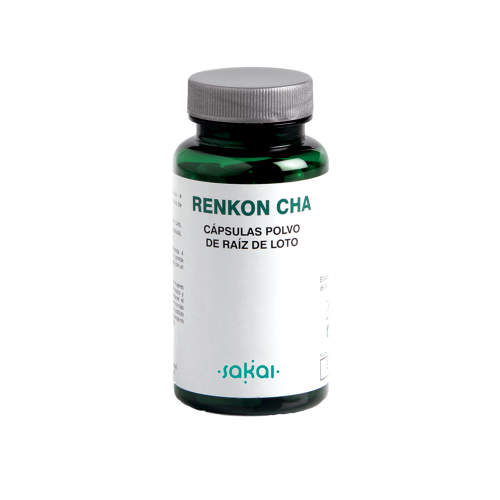 Renkon-Cha. Estuche 60 cápsulas. 4 cápsulas contienen 1.100 mg polvo de raíz de Loto (<i>Nelumbo nucifera</i>).