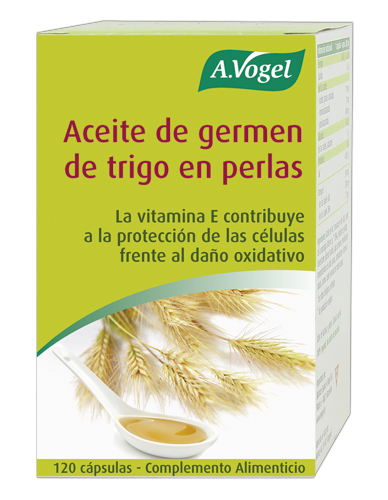 Aceite de germen de trigo Perlas. Frasco 120 perlas. Cada perla contiene: 96% aceite de germen de trigo obtenido por una suave primera presión en frío, estandarizado con 7,5 mg (75% CDR) de vitamina E natural. Excipientes: gelatina, glicerina. Libre de: lactosa, levadura. Contiene gluten.