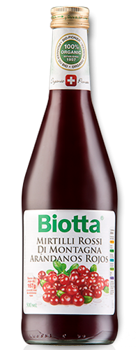 Biotta Arándano Rojo. Botella 500 mL. Jugo de Arándanos rojos <i>Vaccinium vitis-idaea</i> (31%). Infusión de hojas de abedul (2 g/L). Concentrado de agave (15%), que endulza de manera natural. Libre de gluten y lactosa. De cultivo biológico.