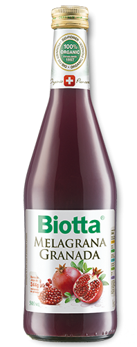 Biotta Granada Drink. Botella 500 mL. Infusión de té blanco. Jugo puro de granada (27,5%). Concentrado de ágave, puré de peras, jugo de aronia.