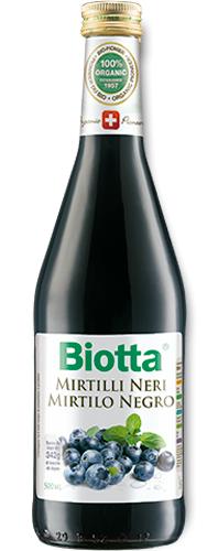 Biotta Mirtilo Negro. Botella 500 mL. Jugo de Mirtilo negro (61,5%), infusión de melisa (1,5 g/L) (26,5%), jugo concentrado de ágave (12%). Libre de gluten y lactosa. De cultivo biológico.