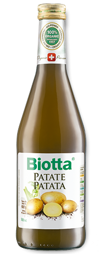 Biotta Patata Plus. Botella 500 mL. Jugo de patata cruda, hinojo (4%) obtenido por prensado directo, lactofermentado. Aportá ácido láctico L(+). Libre de gluten y lactosa. De cultivo biológico.
