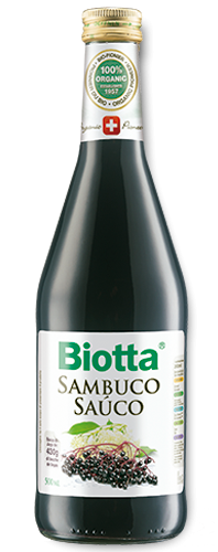 Biotta Saúco. Botella 500 mL. Jugo de bayas de Saúco (64,5%), infusión de flores de saúco (23,5%), jugo de concentrado de ágave (12%). Libre de gluten y lactosa. De cultivo biológico.