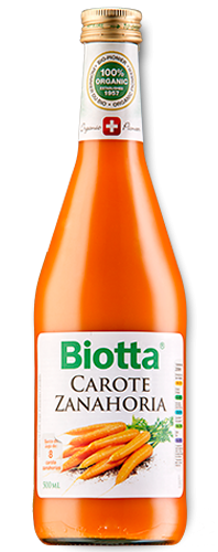 Biotta Zanahoria. Botella 500 mL. Jugo de Zanahoria lactofermentado. Aportá ácido láctico L(+). Libre de gluten y lactosa. De cultivo biológico.
