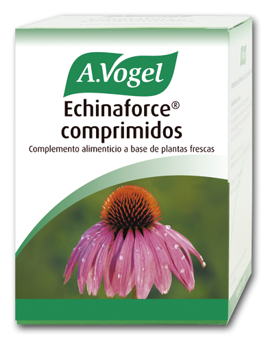 Echinaforce Comprimidos. A base de <i>Echinacea purpurea</i> fresca de cultivo biológico certificado. 1 comprimido contiene: Echinacea purpurea herba, 380 mg; equivalente en extracto concentrado, 5,89 mg; Echinacea purpurea radix, 20 mg; equivalente en extracto concentrado, 0,31 mg. Excipientes: lactosa, almidón de patata, estearato magnésico. 