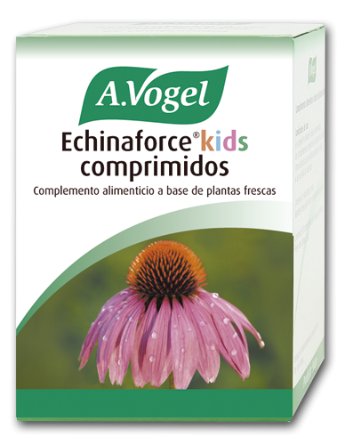 Echinaforce Kids. A base de equinácea fresca de cultivo biológico certificado. Frasco 80 comprimidos. 1 comprimido contiene: 380 mg de tintura de Echinacea purpurea herba y 20 mg de tintura de Echinacea purpurea radix. Excipientes: sorbitol, beta ciclodextrina, estereato de magnesio, aroma de naranja. Libre de gluten y lactosa.