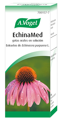 EchinaMed gotas orales en solución. Frasco de 50 mL. Para el tratamiento de los síntomas del resfriado común. 1 mL = 0,905g, contiene: - 860 mg de tintura de la parte aérea fresca de <i>Echinacea purpurea</i> (L.) Moench (1:12-13), equivalente en planta seca a 72 mg por mL de producto final. Solvente de extracción: etanol 65%V/V (57%m/m) - 45 mg de tintura de raíz fresca de <i>Echinacea purpurea</i> (L.) Moench (1:11-12), equivalente en planta seca: 4,1 mg por mL de producto final. Solvente de extracción: etanol 65%V/V (57%m/m) Este medicamento contiene 65% V/V de etanol (alcohol) equivalente a 458 mg de alcohol por dosis de 25 gotas. Medicamento Tradicional a base de Plantas (MPT). Envase de 50 mL. CN: 700157.7.