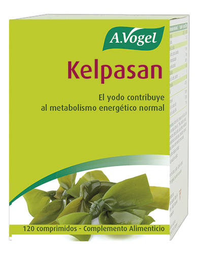 Kelpasan. Frasco 120 comprimidos. Rico en oligoelementos. Fuente 100% natural y biodisponible de yodo. 1 comprimido contiene: 25-50 mg de algas kelp (<i>Macrocystis pyrifera</i>). Excipientes: celulosa microcristalina, almidón de maíz, soja, aceite hidrogenado de semilla de algodón. Estandarizado en 0,05 mg (50 µg) de yodo natural (33% CDR). No contiene yodo añadido. Libre de gluten y lactosa.