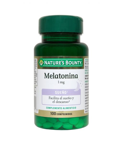 Nature's Bounty Melatonina. 100 comprimidos. Cada comprimido aporta 1 mg de melatonina, Agentes de carga (difosfato cálcico, celulosa microcristalina, goma de celulosa entrelazada), antiaglomerante (estearato magnésico vegetal). Complemento alimenticio.