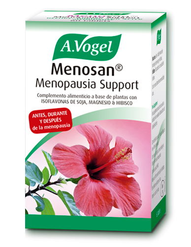 Menosan Menopausia Support. Frasco 60 comprimidos. Contribuye a un aporte nutricional durante todas las etapas de la menopausia. 1 comprimido de 625 mg contiene: 42 mg de extracto de semillas de soja fermentada no manipuladas genéticamente (no GMO), proporcionando 25 mg de isoflavonas en forma de agliconas (11,5 mg genisteína, 11,5 mg daidzeína y 2 mg de gliciteína); 57,6 mg de magnesio; 35 mg extracto de Hibisco. Libre de gluten y lactosa. Contiene soja. Apto para veganos.