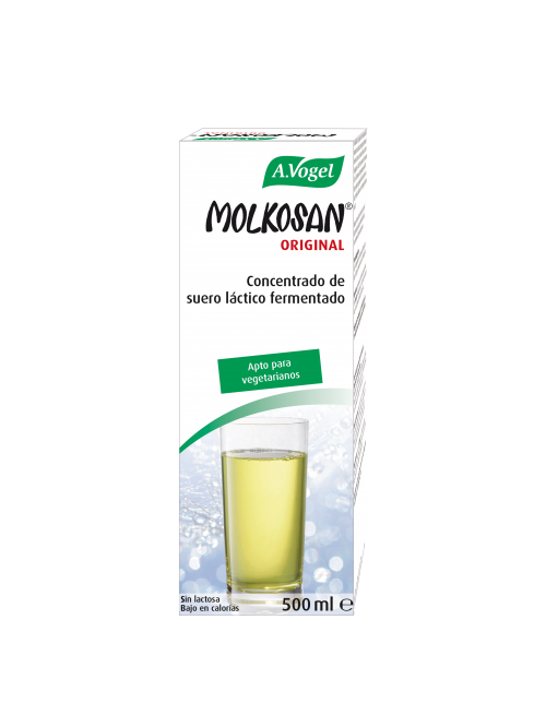 Molkosan. Frasco 200mL o 500mL. Rico en ácido láctico L(+). Composición: Suero de leche suiza, desproteinizado, concentrado y fermentado, regulador de acidez (citrato de potasio), aroma natural, pasteurizado. La leche utilizada es orgánica, fresca y procedente de vacas de los Alpes suizos. Producto fermentado, pasteurizado, rico en ácido láctico dextrógiro (L+), pH = 4,2.