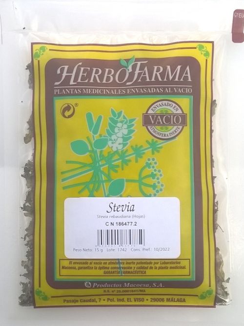 Stevia Herbofarma. Hojas de <i>Stevia rebaudiana</i>. Bolsa 15 g, envasado al vacío con atmósfera protectora. C.N.: 186477.2. 