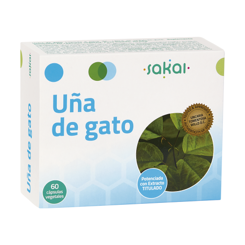 Uña de Gato. Frasco de 60 cápsulas. 1/2/3 cápsulas contienen 220/440/660 mg de corteza de uña de gato (<i>Uncaria tomentosa</i>), 70/140/210 mg de E.S. de uña de gato titulado al 3% en alcaloides. Aporte en alcaloides: 2,1/4,2/6,3 mg.