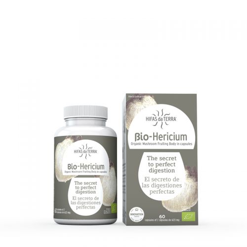 Bio-Hericium. Complemento alimenticio en cápsulas de polvo de melena de león  (<i>Hericium erinaceus</i>) de producción ecológica certificada. 60 cápsulas de 500 mg. CN: 184018.9.