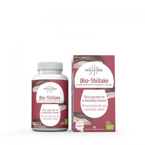 Bio-Shiitake. Complemento alimenticio en cápsulas de polvo de shiitake (<i>Lentinula edodes</i>) de producción ecológica certificada. 60 cápsulas de 500 mg. CN: 184016.5. Sustancias bioactivas: alfa, beta y D-glucanos. Libre de gluten, conservantes, productos químicos, edulcorantes, saborizantes, almidón, trigo, maíz, soja, azúcar y lácteos. Ingredientes no GMO.