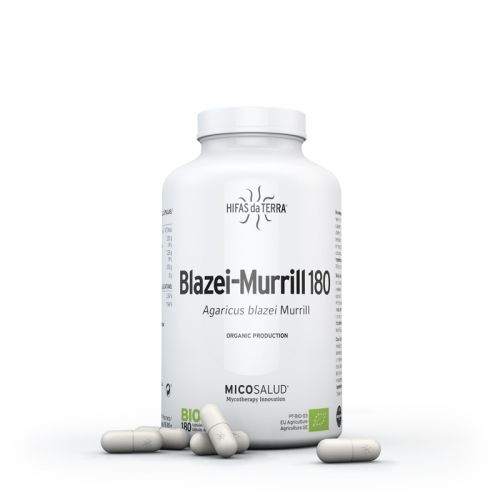 Blazei-Murrill 180. Complemento alimenticio en cápsulas de polvo y extracto de Champiñón del sol (<i>Agaricus blazei</i>) de producción ecológica certificada. 180 cápsulas de 665.2 mg (420 mg de polvo y 105 g de extracto).  Sustancias bioactivas:  alfa, beta y D-glucanos. Blazei-Murrill 180 está libre de gluten, conservantes, productos químicos, edulcorantes, saborizantes, almidón, trigo, maíz, soja, azúcar y lácteos. Ingredientes no GMO.