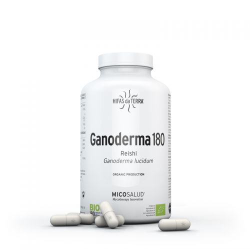 Ganoderma 180. Complemento alimenticio en cápsulas de polvo y extracto de Reishi (<i>Ganoderma lucidum</i>) de producción ecológica certificada. 180 cápsulas de 500 mg (400 mg de polvo y 100 g de extracto).  Sustancias bioactivas naturales de Ganoderma 180:  alfa, beta y D-glucanos y compuestos triterpenoides (ergosterol). Ganoderma 180 está libre de gluten, conservantes, productos químicos, edulcorantes, saborizantes, almidón, trigo, maíz, soja, azúcar y lácteos. Ingredientes no GMO.