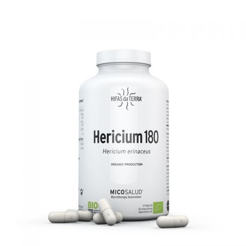 Hericium 180. Complemento alimenticio en cápsulas de polvo y extracto de melena de león (<i>Hericium erinaceus</i>) de producción ecológica certificada. 180 cápsulas de 500 mg (400 mg de polvo y 100 g de extracto). 
