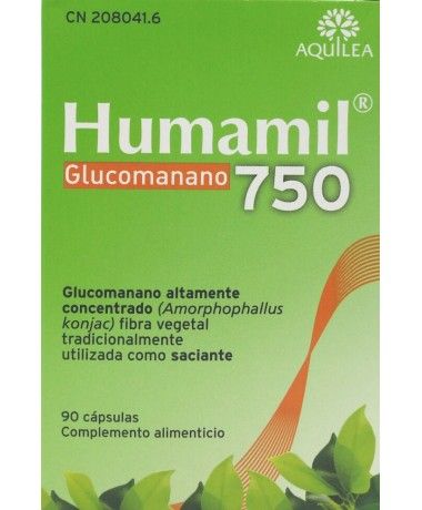 Humamil. Envase con 100 cápsulas (750 mg de glucomanano por cápsula). CN: 208041.