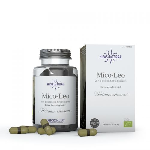 Mico-Leo. Complemento alimenticio de alta concentración (ratio 6:1) en cápsulas elaborado con extracto puro de melena de león (<i>Hericium erinaceus</i>) de producción ecológica certificada. 70 cápsulas de 495 mg. C.N.:161983.9.