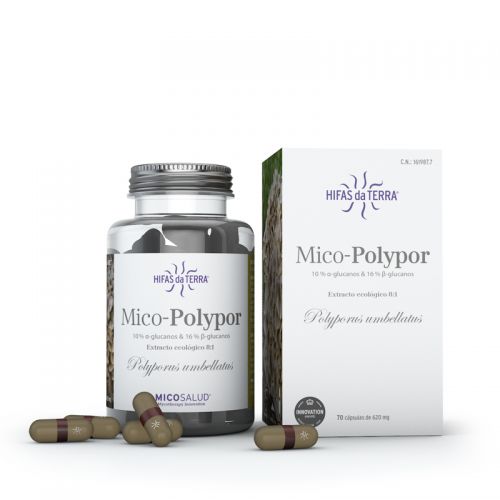 Mico-Polypor. Complemento alimenticio de alta concentración (ratio 8:1) en cápsulas elaborado con extracto puro de Polyporus (<i>Polyporus umbellatus</i>). 70 cápsulas de 495 mg de extracto puro. CN: 161987.7. Sustancias bioactivas naturales de Mico-Polypor:  alfa, beta y D-glucanos. Mico-Polypor está libre de gluten, conservantes, productos químicos, edulcorantes, saborizantes, almidón, trigo, maíz, soja, azúcar y lácteos. Ingredientes no GMO.
